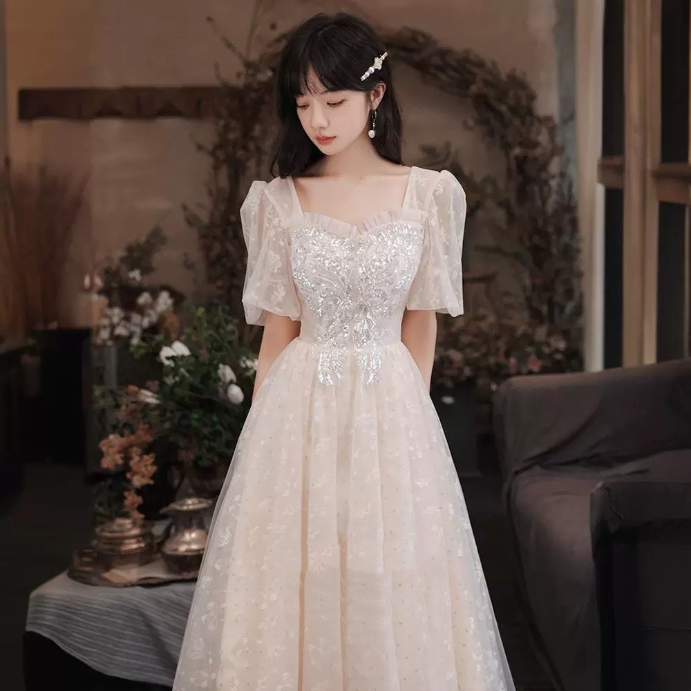 女性ためイブニングドレス2024スリム気質パーティーミッドレングス妖精宴会成人芸術試験ドレス