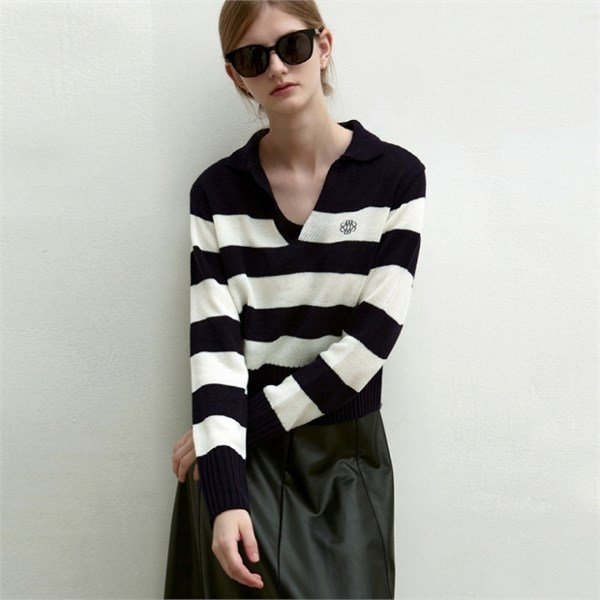 EMB OPEN COLLAR STRIPE KNIT NAVY_P313430592