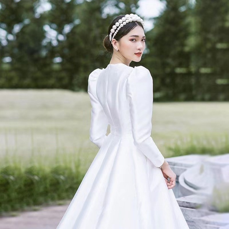 ウエディングドレス サテンドレス ホワイト 長袖 花嫁 結婚式 二次会 パーティードレス ブライダル