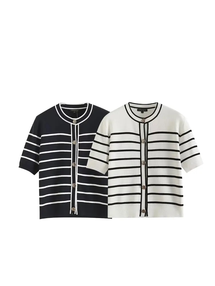 TellHoney-女性用シングルブレストカーディガンニットセータースリムフィットトップス半袖ラウンドネックカジュアルストライプレディースファッション - 200