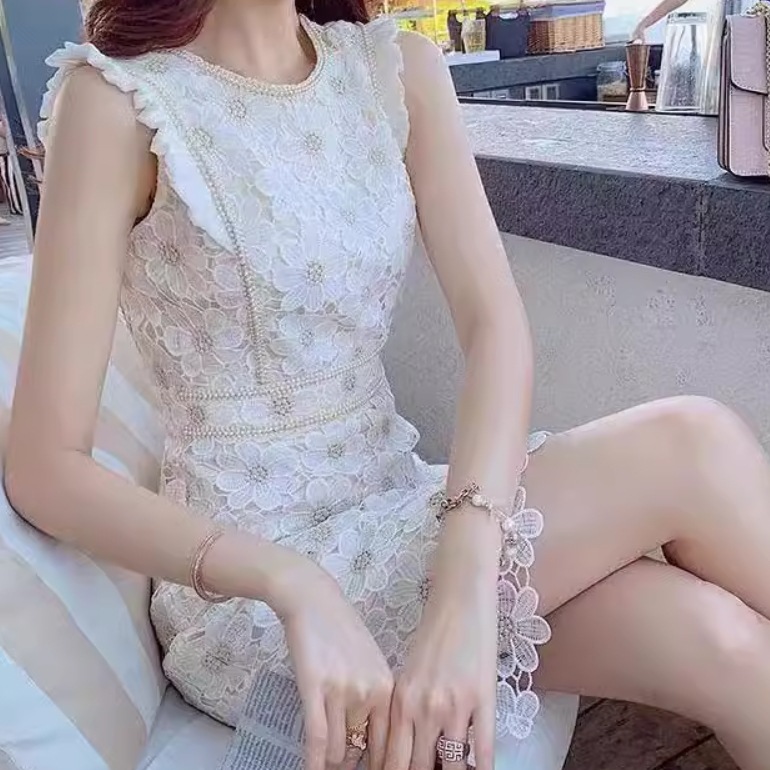 レディース スカート ワンピース ドレス タイトスカート ミニスカート ミニ ショート 膝上 袖なし ノースリーブ ラウンドネック タイト スリム スマート フェミニン レース 刺繍 かわいい