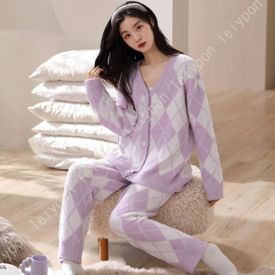 ルームウェア レディース パジャマ 秋 冬 春 トップス ロングパンツ 2点セット ロング パジャマ ゆったり スリップウェア 幾何模様 デザイン きれいめ