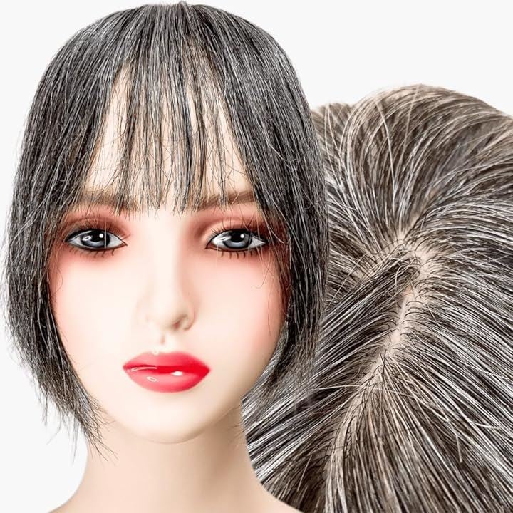 部分ウィッグ かつら ヘアピース ポイントウィッグ 白髪 グレイヘアー 女性 レディース 人工毛 ショート 前髪 ストレート(白5黒5(人毛100%), グレイヘアーショート)