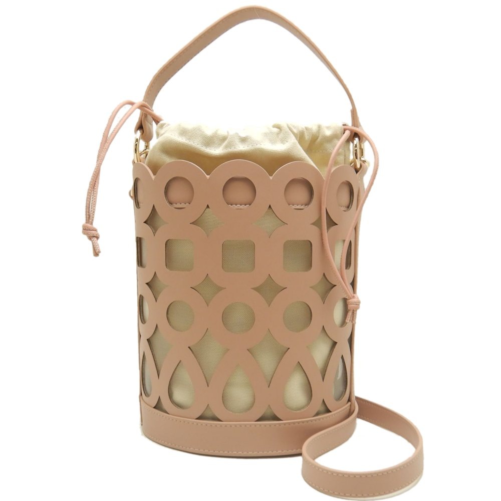 バケツバッグ カットワークデザイン メッシュ ショルダーバッグ レザーxキャンバス ピンクベージュ レディース /253133【中古】