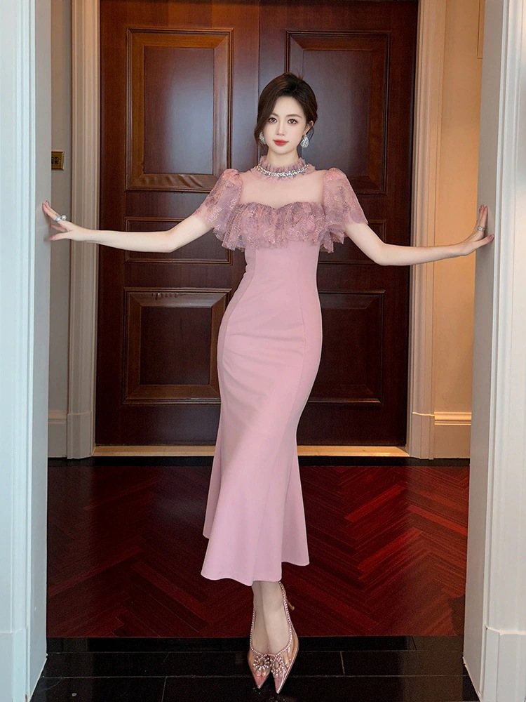 【JY.上品】 2024夏新品 フリル チュールドッ マーメイド ピンク ドレス パーティー キャバ 大人 同窓会 披露宴 卒業式 結婚式 演奏会 ウェディング 二次会 メガ割 5,837円