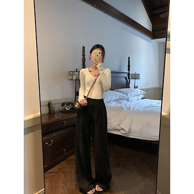 マルバンカジュアルワイドレッグパンツ:レディースルーズスリムハイウエストチューブドローストリングパンツドレーピーモップパンツ