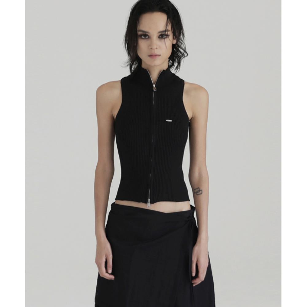 BADBLOOD Mockneck Tank Knit Zip-Up Black w-knt24-004
