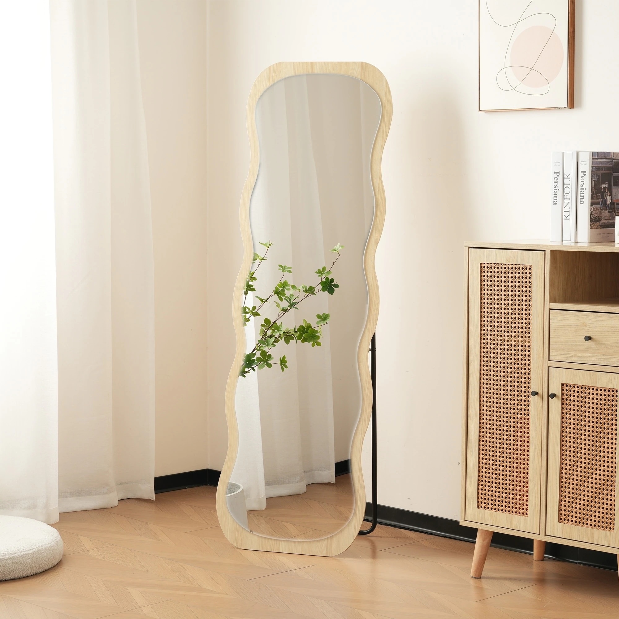 姿見 ナチュラルGG9381 姿見鏡 壁掛けミラー Natural ミラー MDF+gla 160*50CM 【国内発送】全身鏡 スタンドミラー 北欧 波形状 飛散防止 鏡 おしゃれ 立てかけ 木目調