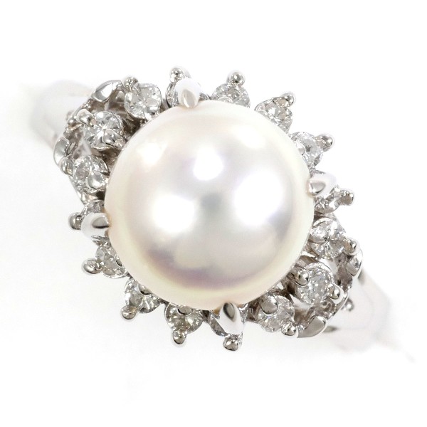 PT900 プラチナ リング 9号 パール(真珠) 約8mm ダイヤ 0.22 ジュエリー 中古