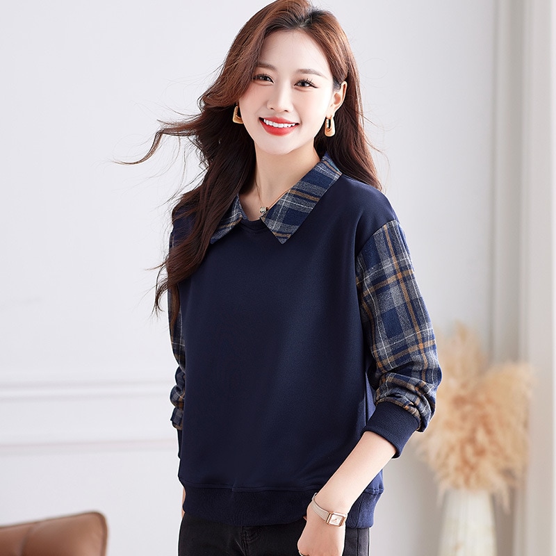 レディースツーピーススウェットシャツ春と秋2025新しいスタイルファッショナブルスタイリッシュ若々しい小柄パッチワークチェック柄ラペルトップ