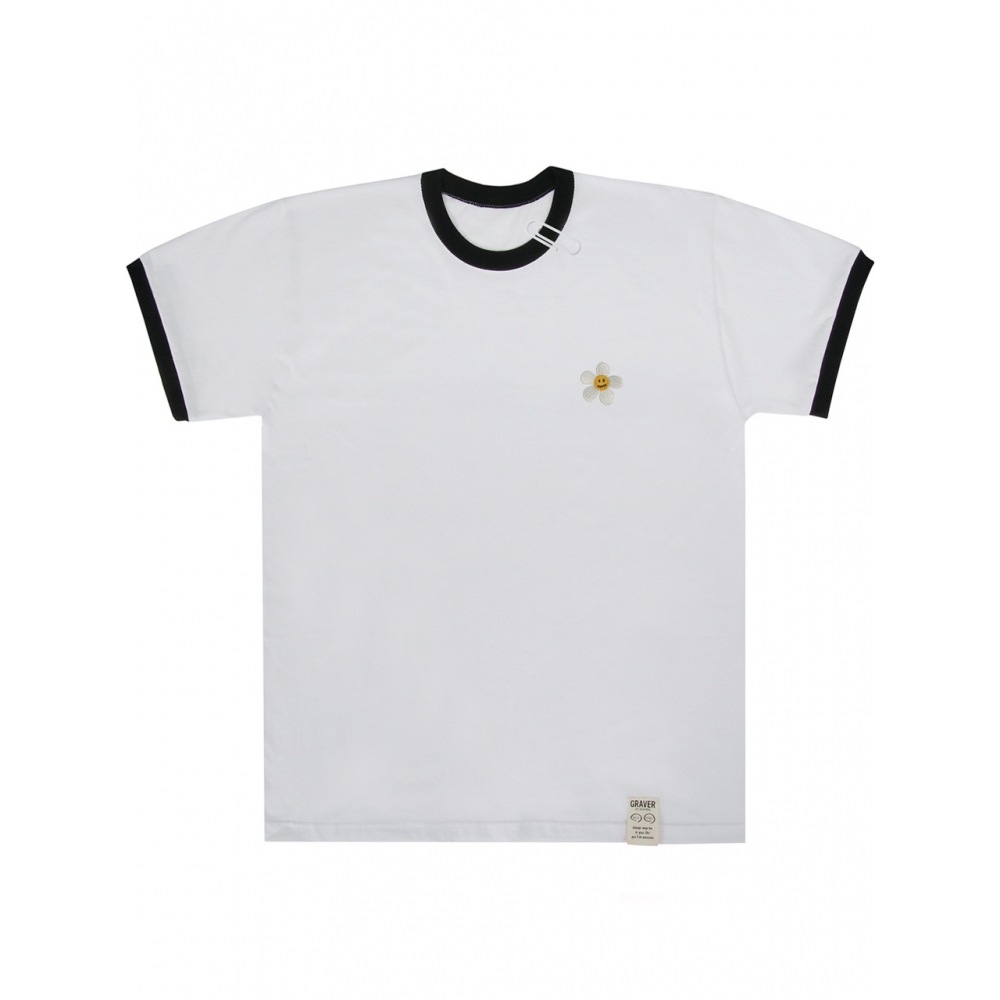 GRAVER フラワードットエンブロイダリーリンガー半袖Tシャツホワイト