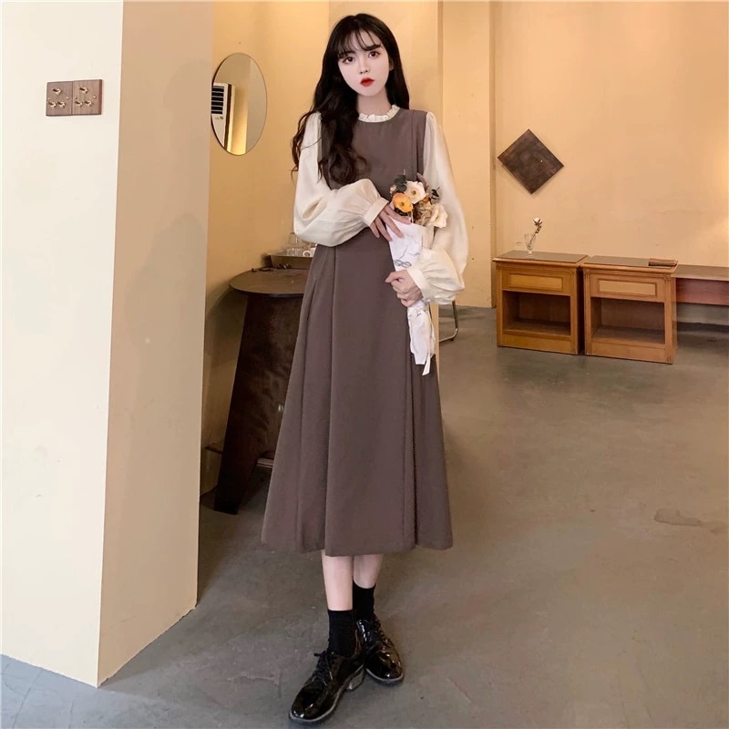 ワンピース フレアワンピース ロング丈 長袖 襟付き フリル襟 フレア Aライン ウエストリボン かわいい きれいめ 上品 おしゃれ ラブリー キュート ガーリー 華やか ふんわり ほんわか 甘い