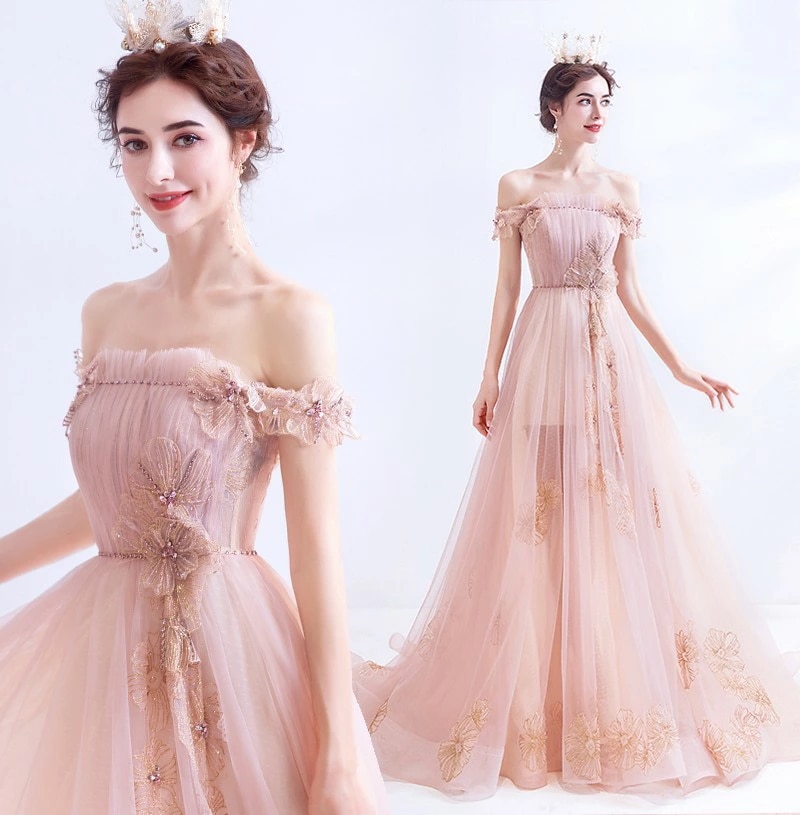 カラードレス 編み上げタイプ パーティードレス ノースリーブ ロングドレス 花 Aラインドレス ステージ 衣装 オフショルダー 豪華ドレス イブニングドレス フォーマルドレス 前撮り ピンク 撮影 二