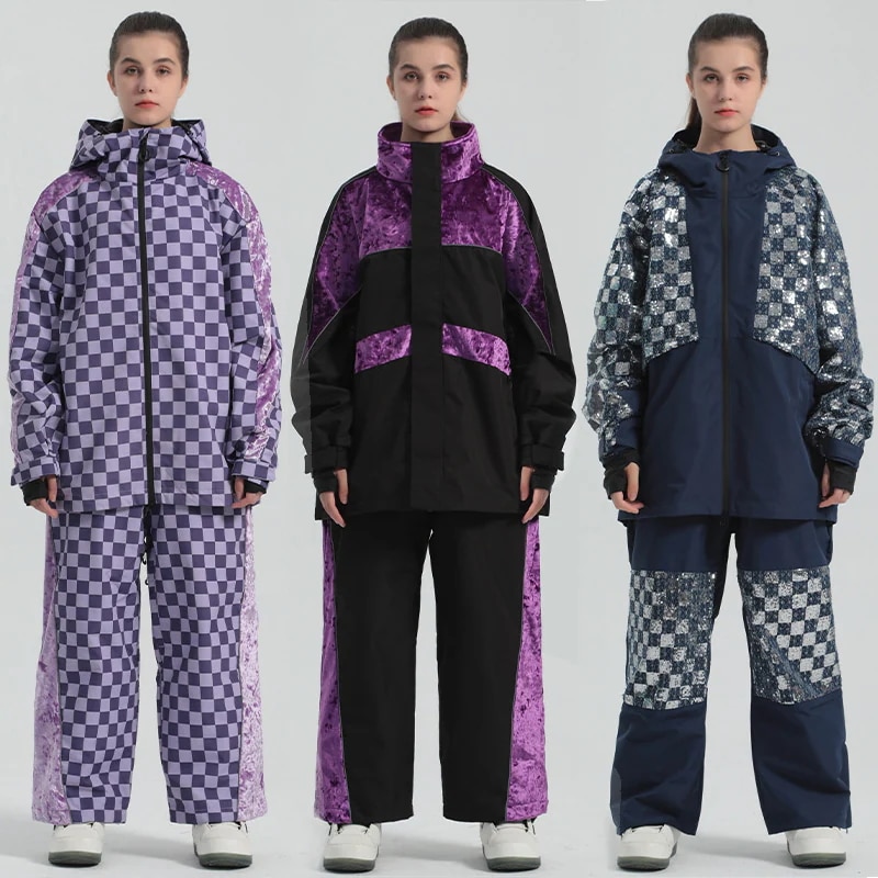 スノボ 上下セット スノボウェア スキーウェア スノーボードウェア セットアップ レディース メンズ スノボーウェア ジャケット ロングパンツ チェック柄 ブラック パープル ベロア切り替え