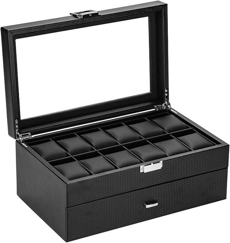 腕時計収納ケース 24本 3層 大容量 コレクションケース プレイケース 鑑賞用 展示ケース ウォッチボックス ガラス天板 腕時計ケース 腕時計収納ボックス PU カーボンファイバー 3段式 2 10,574円