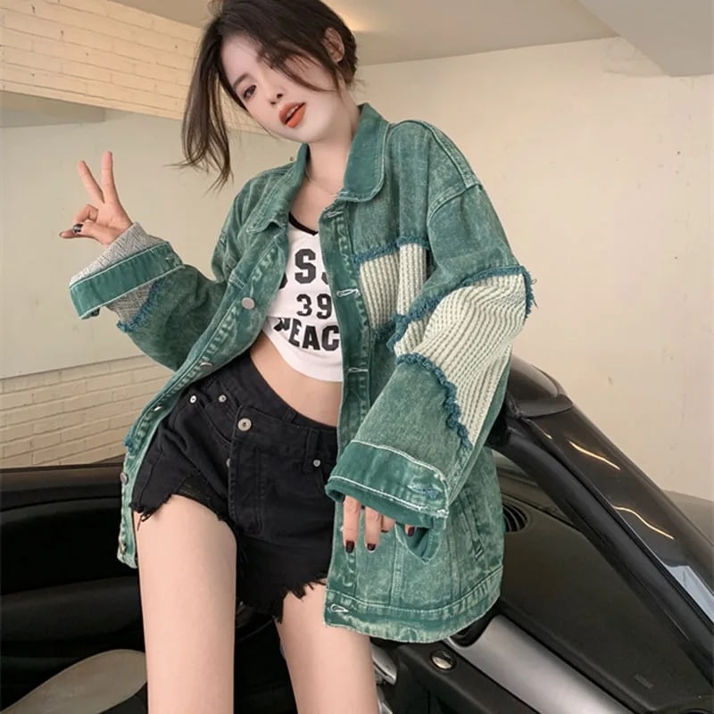男性と女性のためのグリーンデニムジャケット ヴィンテージのアウターウェア ルーズフィット 学生のジーンズ 多用途 韓国語 新しい秋 5,039円