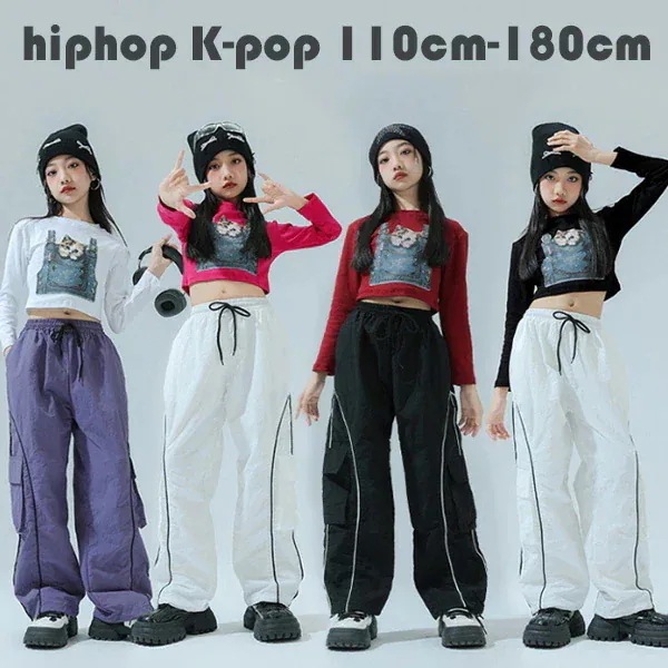 2026年初の販促ダンス衣装 女の子 セットアップ スウィート ネコ柄 長袖 Tシャツ 長ズボン キッズ ダンスウエア 黒 白 赤 バラ 舞台 団体服 演出服 へそ出し トップス カーゴパンツ ワイド
