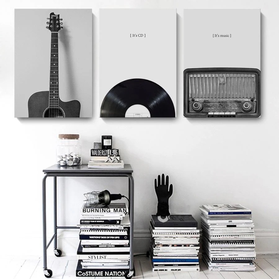 [10月推奨/20%OFF]モノトーン 3枚セット 絵画 インテリア ファブリック 絵 ギター　楽器　音楽　 30×40cm 壁掛け アートパネル リビング 送料無料