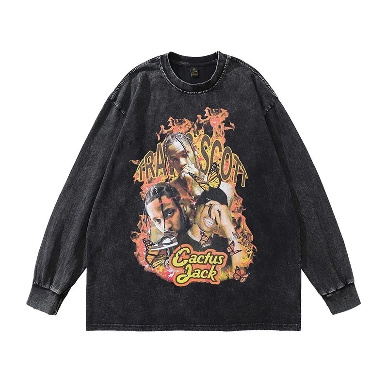ヒップホップレトロロッキーポートレートウォッシュヴィンテージ長袖Tシャツ男性と女性のストリートファッションブランドボトリングシャツ