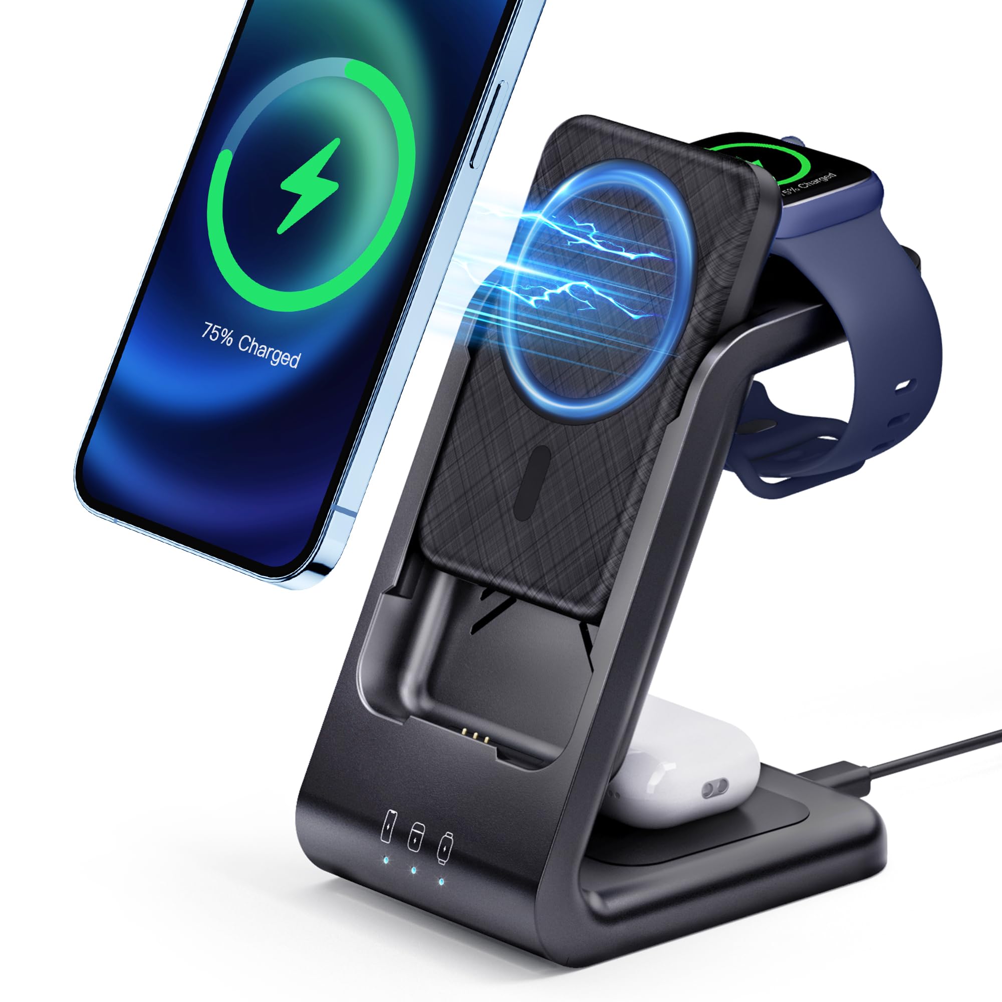 【最新型】RORRY ワイヤレス充電器 4in1 モバイルバッテリー mag-safe対応 15W for apple watch 充電器 iphone 同時充電 充電スタンド 5000mah マグセ