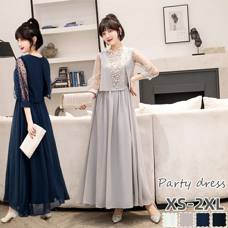 パーティードレス 結婚式 ドレス ワンピース ロング丈 シフォンワンピース 大きいサイズ お呼ばれドレス 20代 30代 40代 50代 母親 袖あり フォーマル チュール 体型カバー 上品 美脚 他