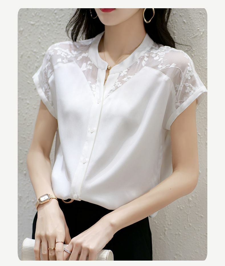 ブラウス レディース 半袖トップス 白シャツ レース 春 夏 秋 オシャレブラウス 白シフォンシャツ 切り替えブラウス 大人 シャツ 20代 30代 40代 50代 通勤 S M XL 2XL 3
