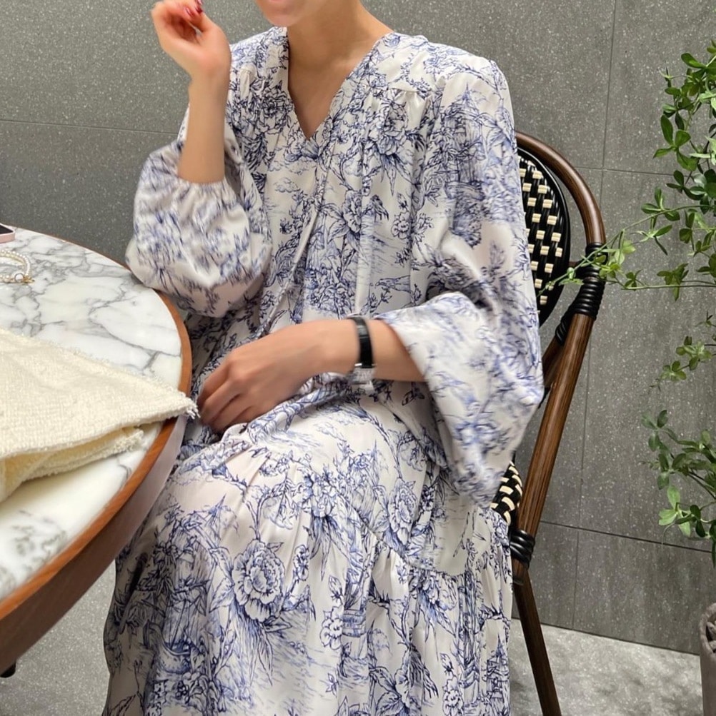レトロ花柄ロングワンピース ワンピース 長袖 パフスリーブ Vネック Aライン プリーツ ロング丈 花柄 ハイウエスト ルーズ 韓国 レディース オルチャン 可愛い 大人可愛い 大人女子