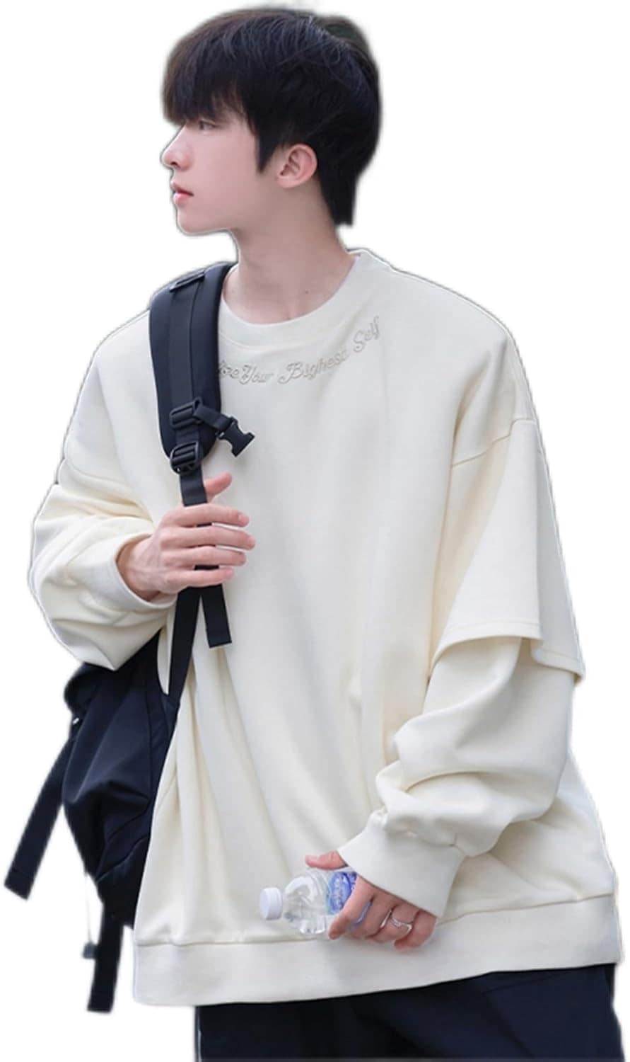 パーカー 日系 トレーナー 刺繍 メンズ フェイクレイヤード 長袖 クルーネック コットン 大きめ 小さめ 春服 秋服 オーバーサイズ 体型パカー コンフォート 韓国 レトロ 簡約 誕生日プレゼント