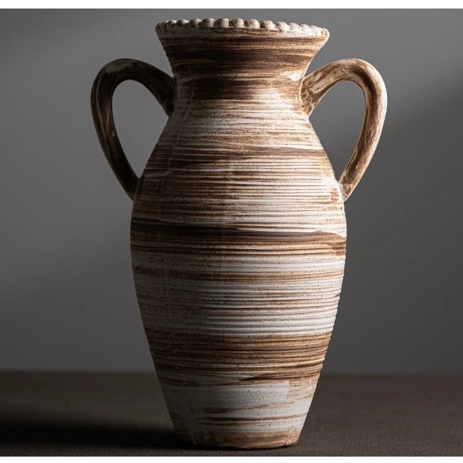 フラワーベース 花瓶 ヴィンテージ風 大きい ブラウン セラミック 幾何学模様 ホームデコレーション ラウンド ドライフラワーフラワーアレンジメント 4-7