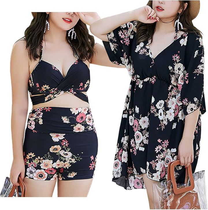 レディース 水着 ゆったり 3点セット 大きいサイズ ワンピース セパレート ビキニ ハイウエスト 花柄 可愛い 韓国 リゾート カワイイ おしゃれ チェック( ブラック, 2XL) 4,766円