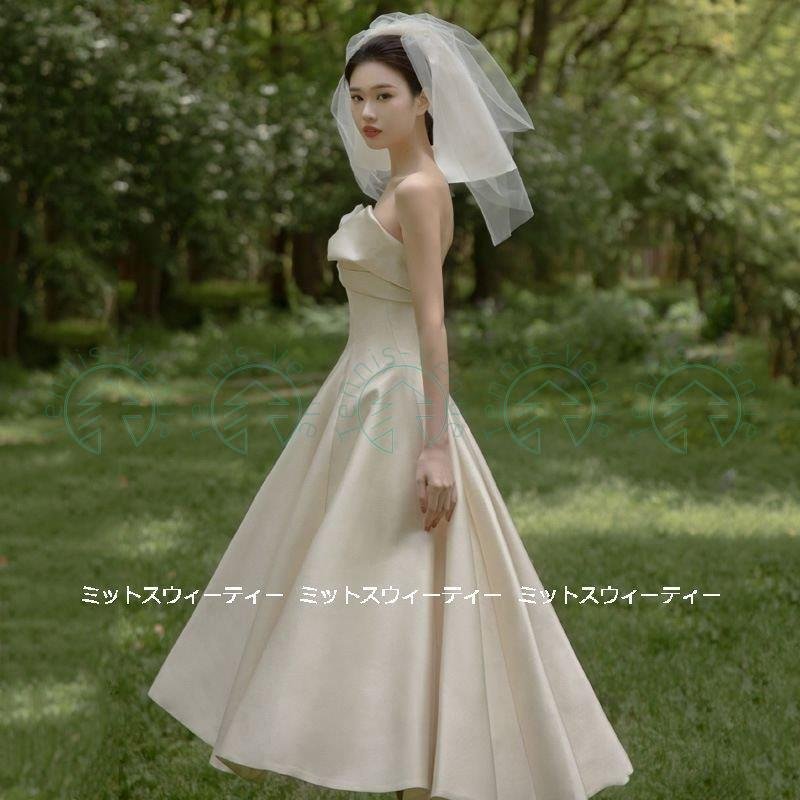 ウェディングドレス 花嫁 二次会 ウエディングドレス 夏婚 結婚式 Aラインドレス ミモレ丈ワンピー