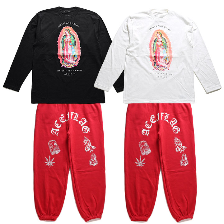 ACE FLAG 上下セット 長袖 ブランド メンズ 春秋冬用 黒/白 大きいサイズ エースフラッグ セットアップ ロンT 上下 聖母 マリア 聖母マリア ローライダー