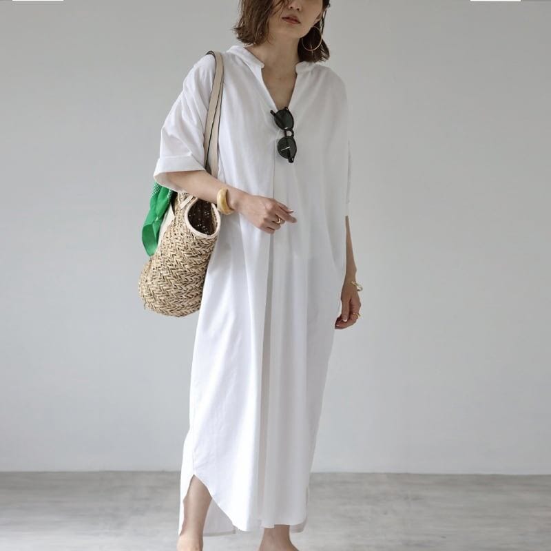 ワンピース 春 夏 ロング マタニティ 無地 大人可愛いワンピース ロングワンピース レディース ロング丈 五分袖 韓国ワンピース 春秋 ベージュ ネ 2