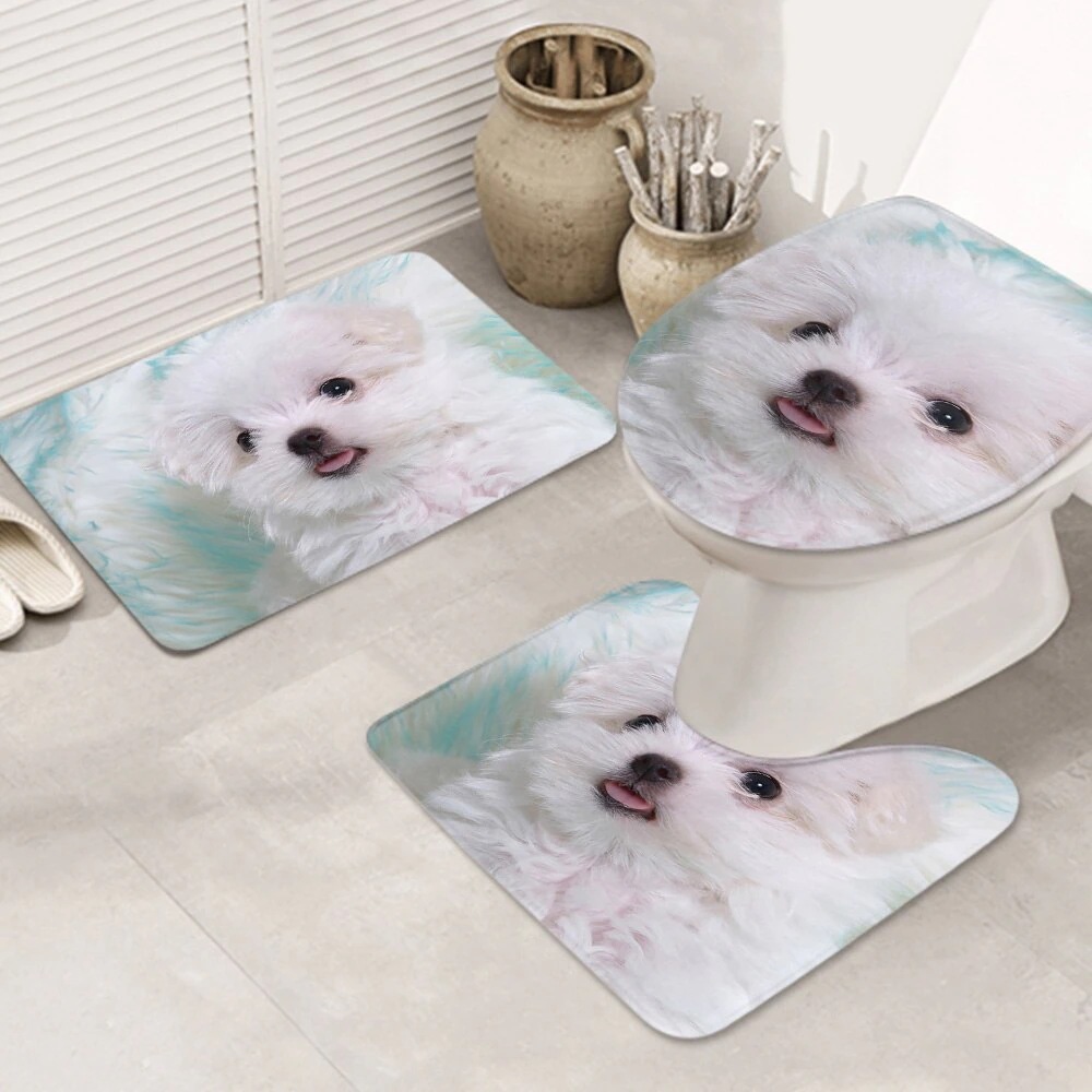 3ピースバスラグセット かわいい-リアル-犬-Painting お手入れが簡単 ノンスリップ 耐久性