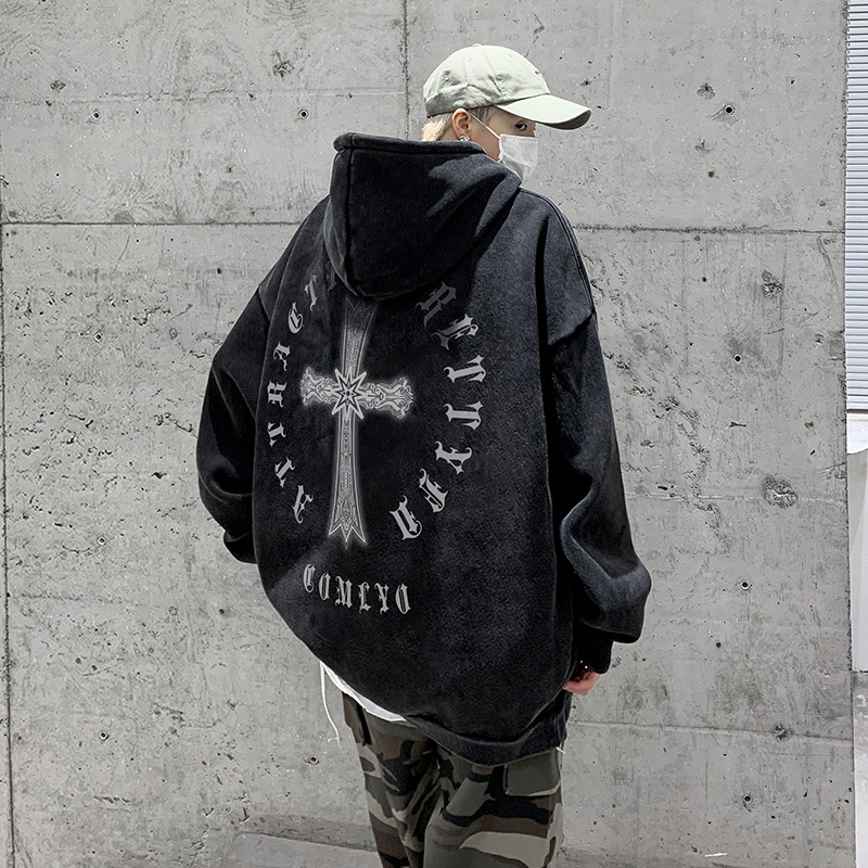 アメリカンレトロクロスフードスウェットメンズ春秋潮ルーズヒップホップウォッシュドコットンジャケット