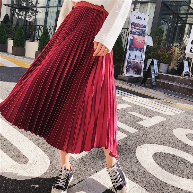 3372.細プリーツベロアロングスカート（レッド）2019 春夏 sale 春夏 sale ボトムス 美ライン おしゃれ カジュアル きれいめ ミモレ丈 お出かけ お呼ばれ 女子会 通勤 通学 普段使