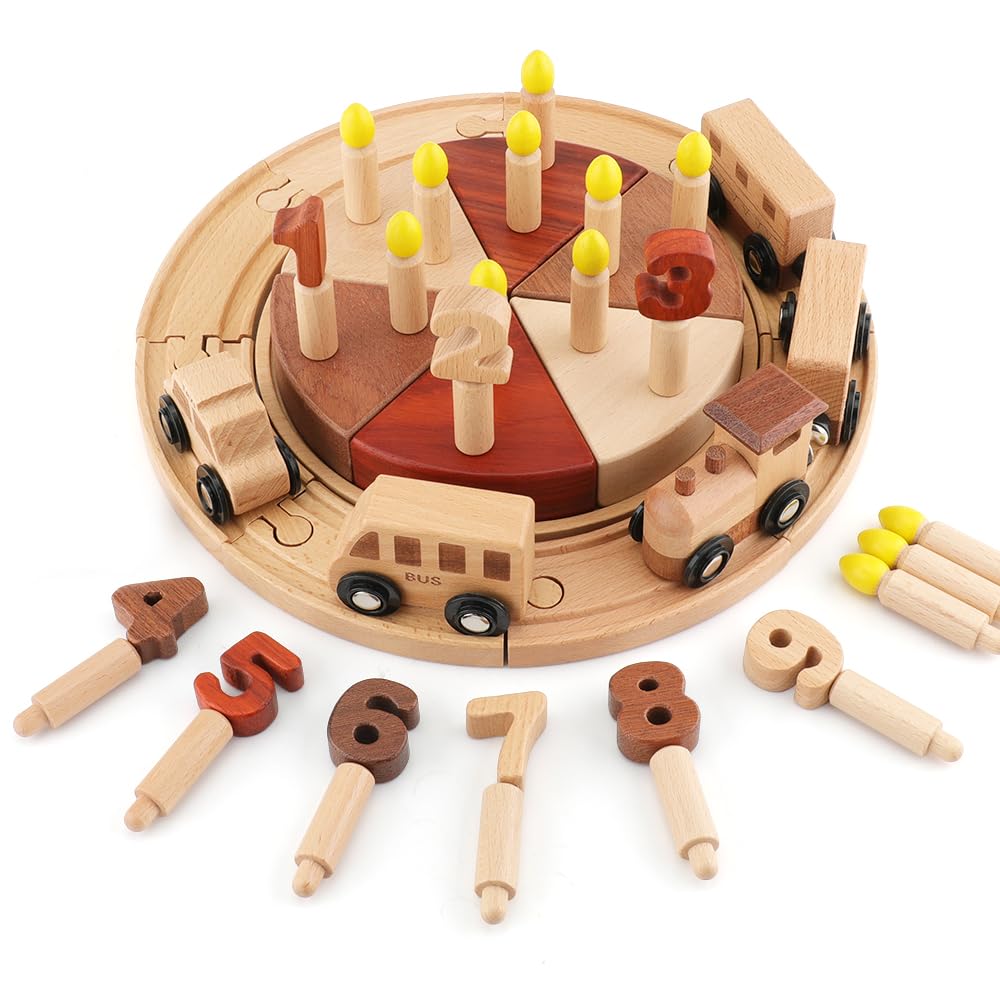 積み木 レールブロックつみき 知育玩具 - 52pcs 組み立て 木のおもちゃ モンテッソーリ玩具 車 ケーキ 誕生日おままこと 積み木 2歳 3歳 木製 ブロック 指先訓練 子供向け 男の子 女の子