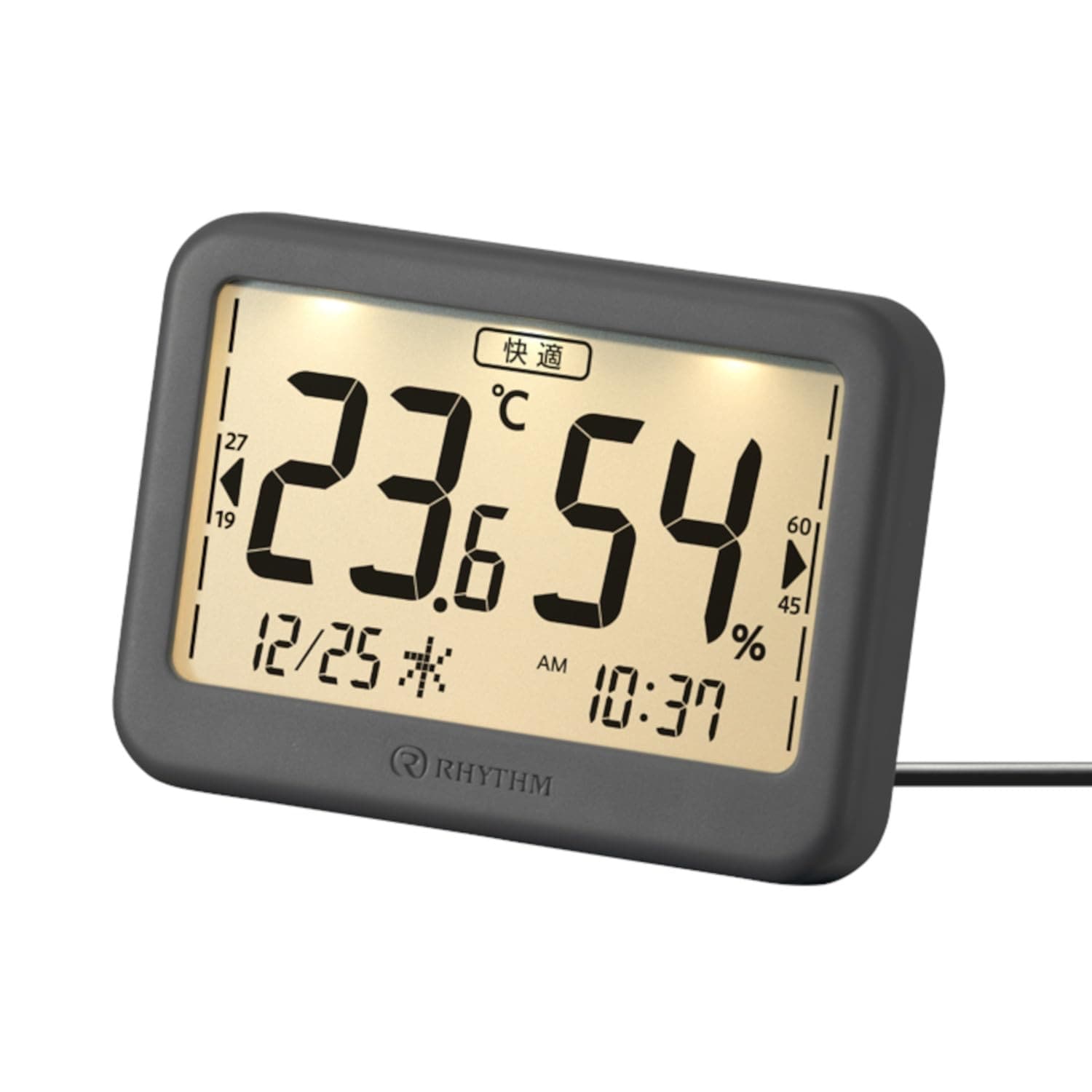 リズム(RHYTHM) デジタル 温湿度計 ひと目でわかる快適表示 高精度 大画面 & バックライト 時計 カレンダー 卓上 USB給電・乾電池対応 ダークグレー 8.1x11.3x3.8cm 9YY