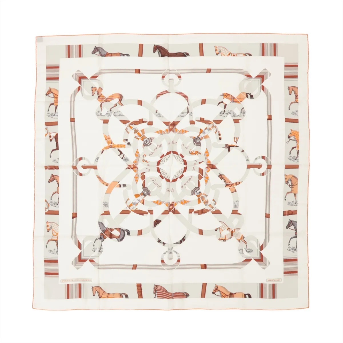 未使用 カレ 140 ジェアン Eperon dor et tenues de jour エプロンドール 馬着 カシシル カシミヤ シルク スカーフ レディース メンズ MMM CJ50-7 中古