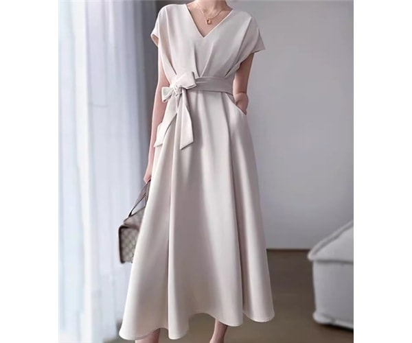 レディース ワンピース プルオーバー ミモレ ロング 半袖 フレンチスリーブ Vネック Aライン フェミニン シフォン ウエストマーク ウエストリボン ポケット ハイウエスト かわいい 大人可愛い