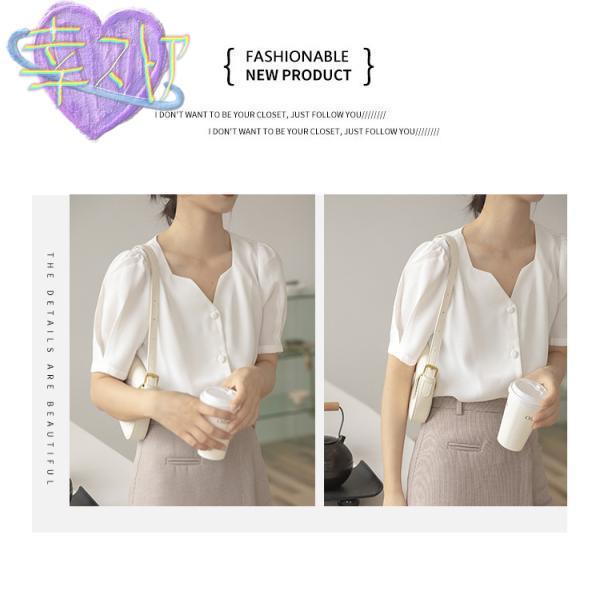 ブラウス レディース シャツ 夏 Vネック 半袖 白 ホワイト オシャレ パフスリーブ シルク風シャツ 上品 通勤 光沢感 大人 OL トップス 30代40代50代