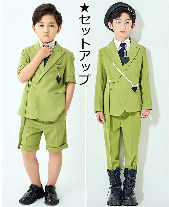 人気新作 グリーン 緑 上品 セットアップ ４点/5点セット 男の子 子供スーツ ジャケット+ズボン+ネクタイ+ブローチ/シャツ 七五三 子供服 入学式 キッズ カジュアル 発表会 卒業式 ピアノ 結