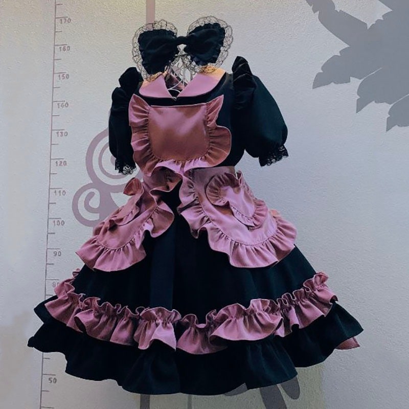 カフェメイド服　フリルワンピース　丸襟　３点セット　黒＋ピンク　姫風 　蝶結び髪飾り