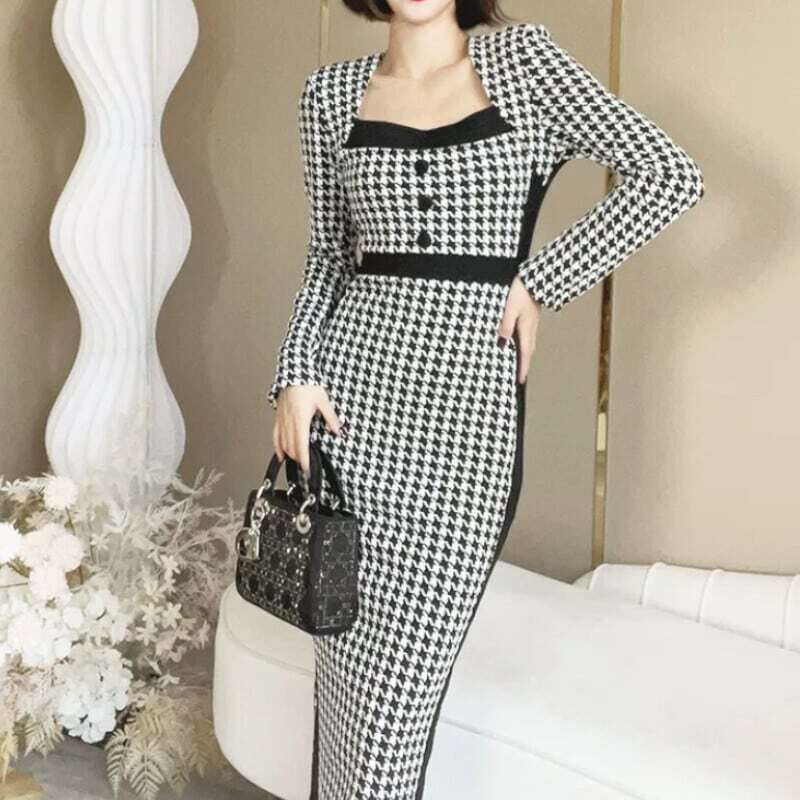 【送料無料】レディース ワンピース スクエアネック 千鳥格子 ロング タイトワンピース モノトーン お呼ばれ フォーマル パーティー 大人可愛い ママコーデ ママファッション 韓国系 オルチャン