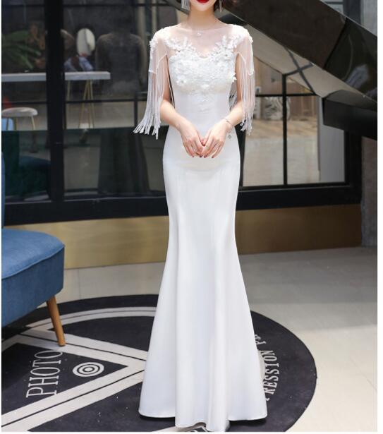 マーメイドドレス　白　ウェディングドレス　パーティー　結婚式　タイトワンピ　ロング丈　着瘦せ　キャバ