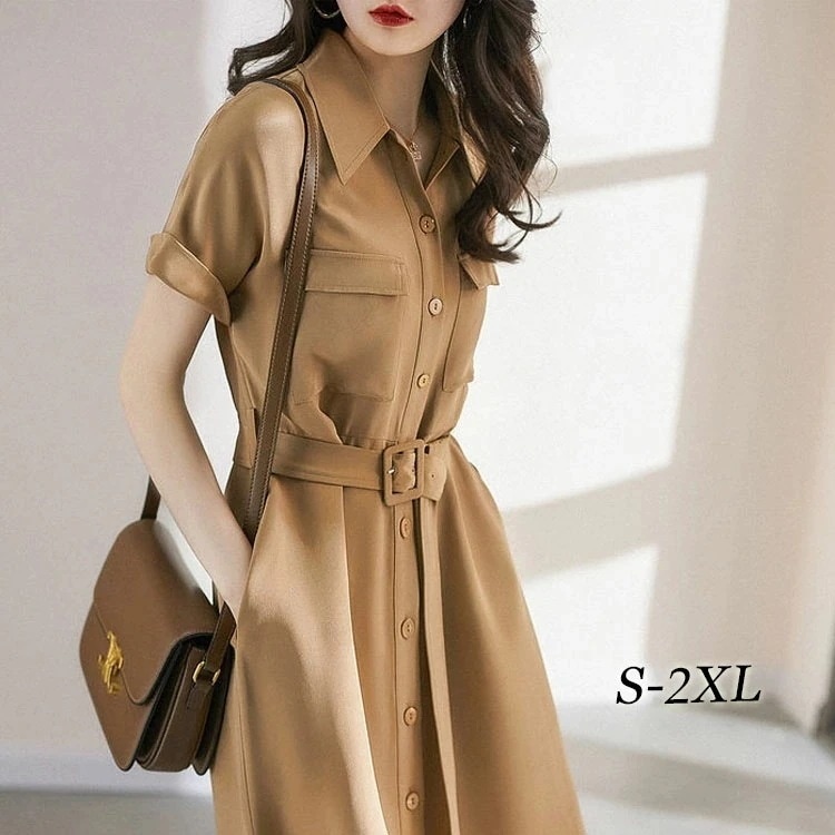 【2025新作】シャツワンピース レディース ベルト付き ロングワンピース 半袖 着やせ 大人可愛 ワンピース