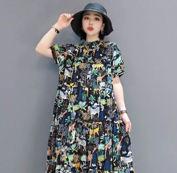 (HSIX)【短納期】ワンピース シャツワンピース ティアードワンピース ロング丈 半袖 襟付き Aライン かわいい アジアン エスニック 個性的 アニマル柄 夏 秋 お出かけ 休日 リゾート 旅行