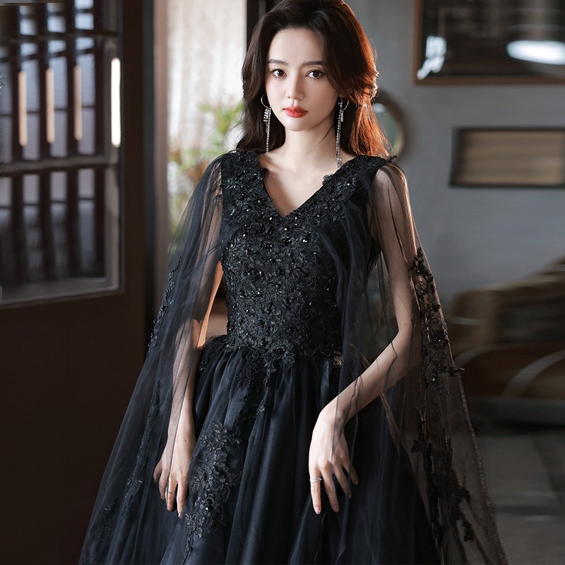 ブラックイブニングドレス2024ホストロング重工業宴会気質ウェディングドレス成人式イブニングドレス