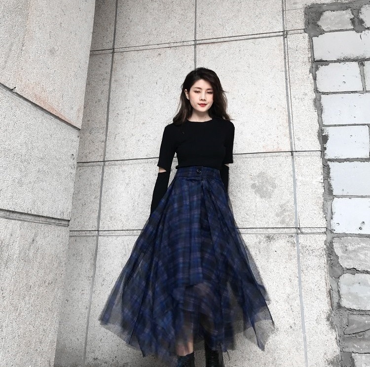 スカート アシンメトリー チュール チェック ミモレ丈 大人可愛い