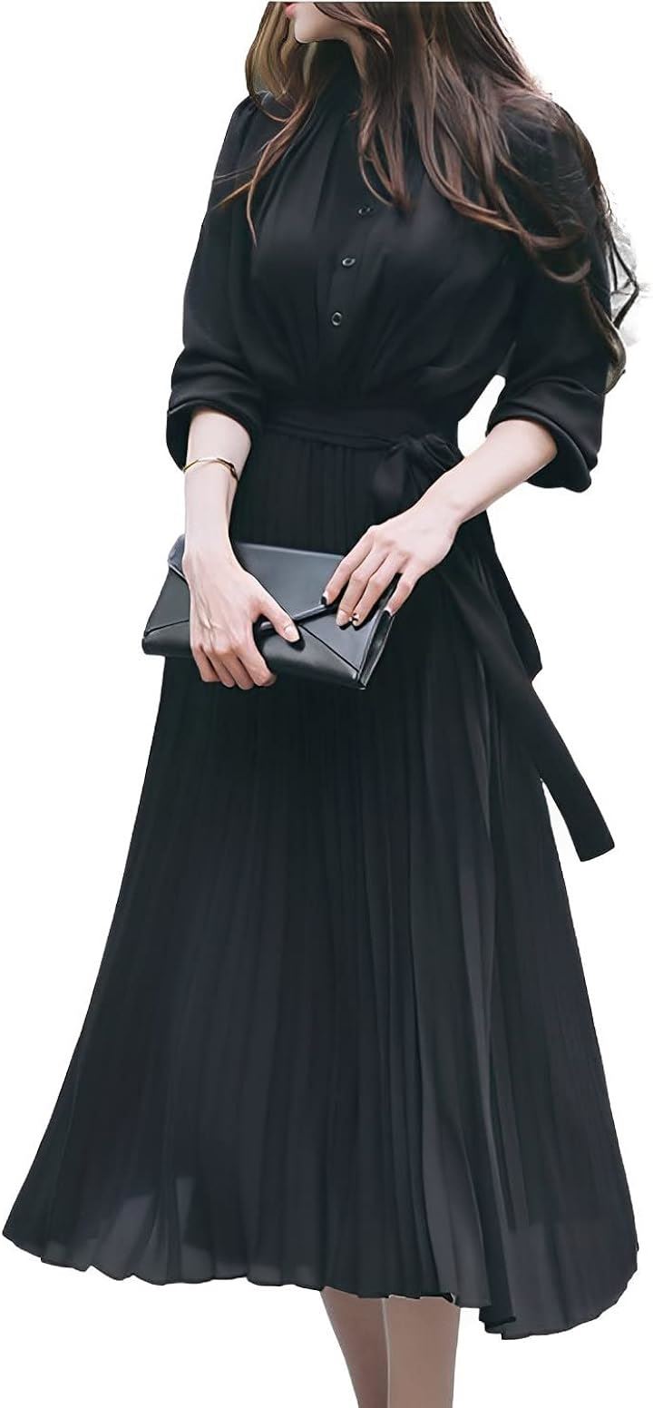 上品 プリーツ ロング ワンピース レディース 長袖 きれいめ ハイウエスト ドレス ロングワンピ フォーマル セミフォーマル リボン ロング丈 大きいサイズ(ブラック, S)